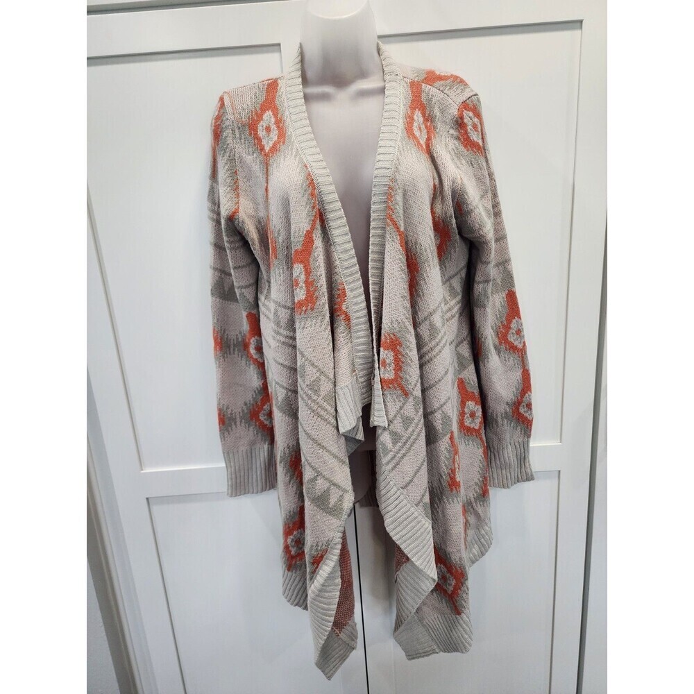 L Love MEDIUM Open Front Aztec Knit Cardigan Sweater Grey Orange 100% Acrylic